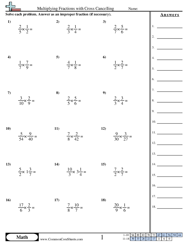 Fraction Worksheets - Multiplying Fractions with Cross Cancelling worksheet